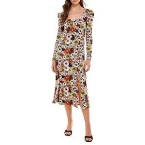 Wayf Womens Lalia Print Puff Sleeve Midi Dress Black Daisies Floral size Small